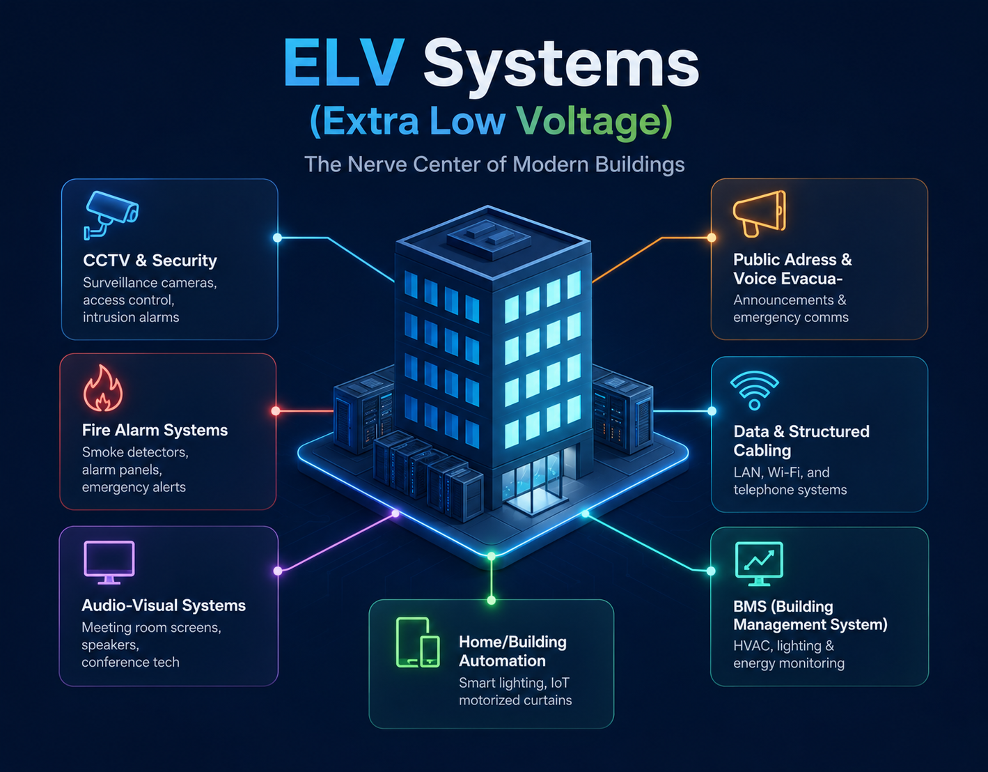ELV systems infographic — CCTV & security, fire alarm, public address, data & structured cabling, audio-visual, building automation and BMS connected to a modern building